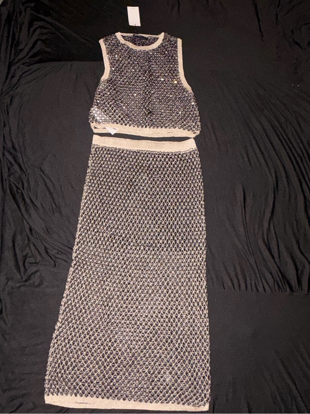 Mango Cream and Black Mesh Knit Maxi Skirt Set